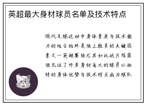 英超最大身材球员名单及技术特点